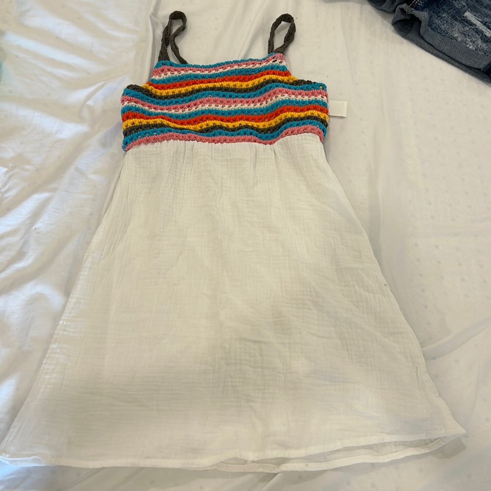 White Dillards dress with colorful knit upper half